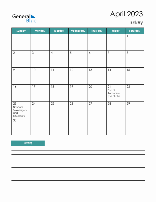 Calendar with Notes Printable - Sunday Start