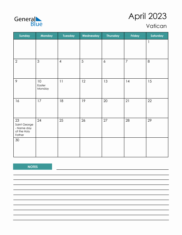 Calendar with Notes Printable - Sunday Start