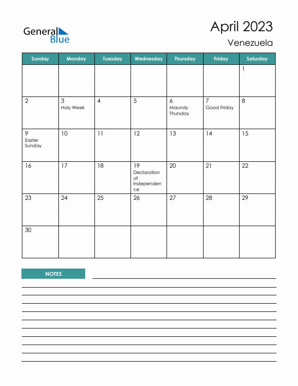 Calendar with Notes Printable - Sunday Start