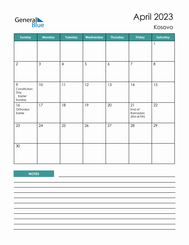 Calendar with Notes Printable - Sunday Start