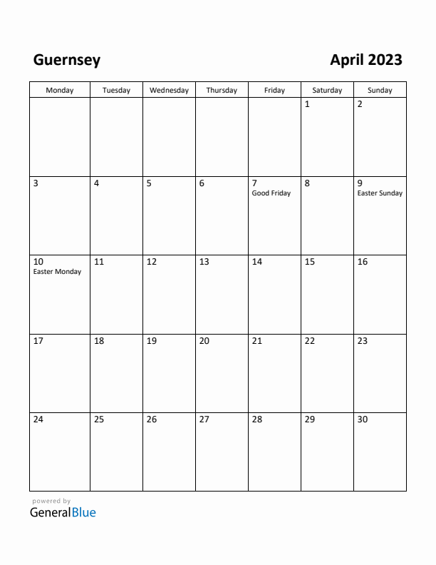 April 2023 Calendar with Guernsey Holidays