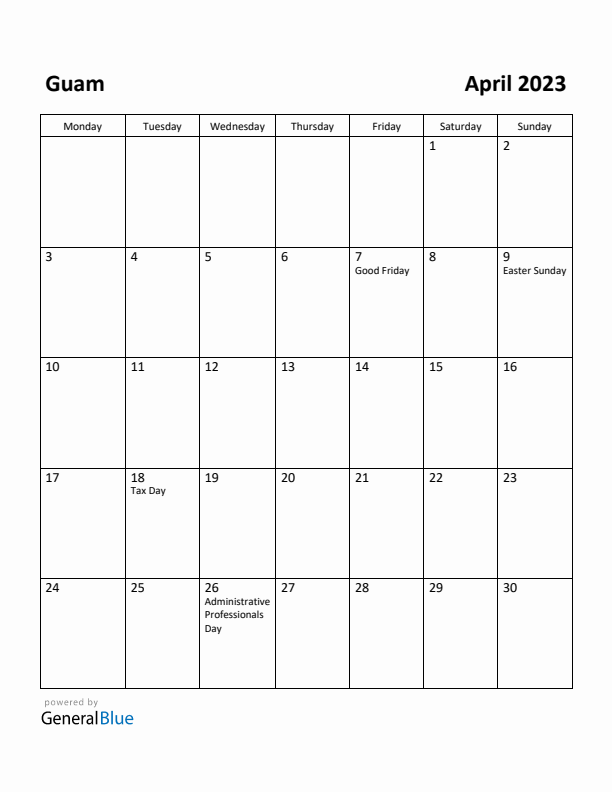 April 2023 Calendar with Guam Holidays