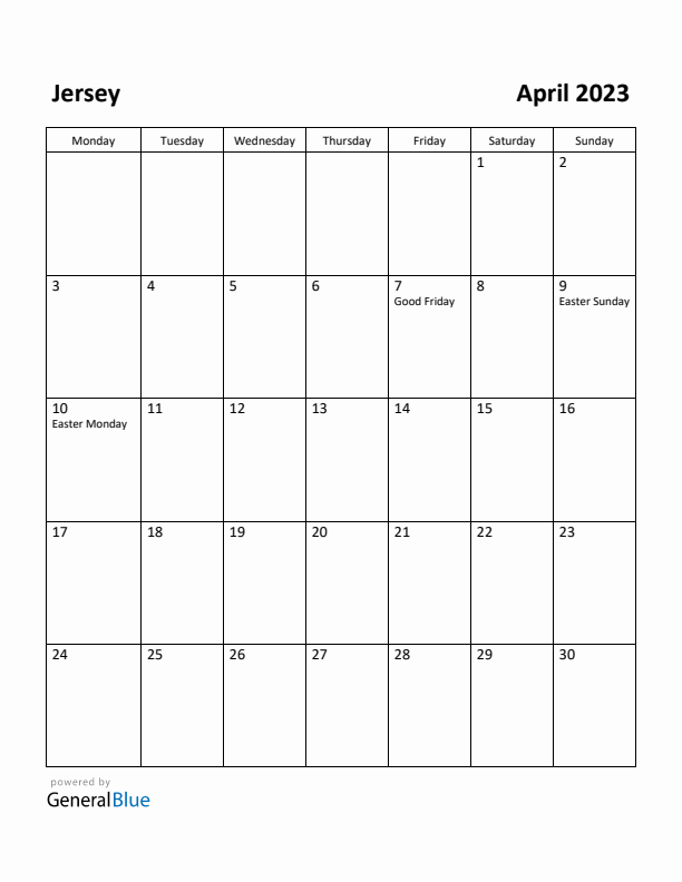 April 2023 Calendar with Jersey Holidays