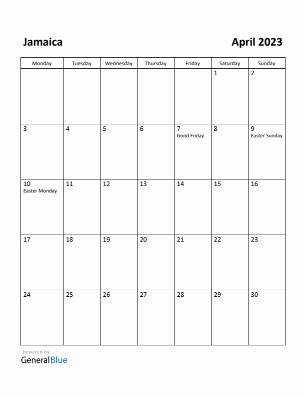 April 2023 Calendar with Jamaica Holidays