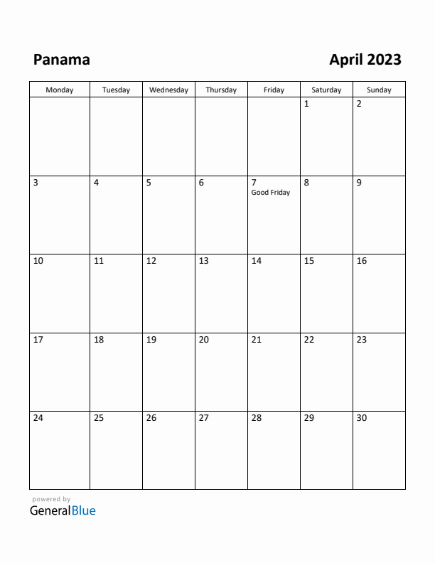 April 2023 Calendar with Panama Holidays