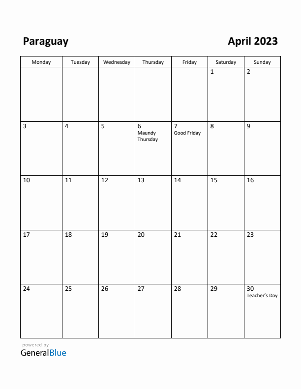 April 2023 Calendar with Paraguay Holidays