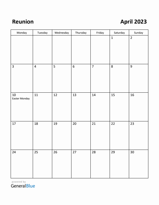 April 2023 Calendar with Reunion Holidays