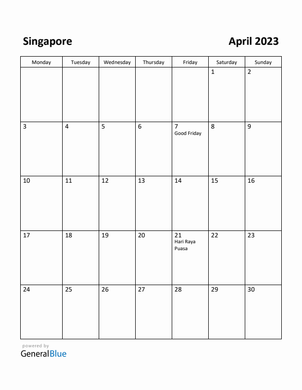 April 2023 Calendar with Singapore Holidays