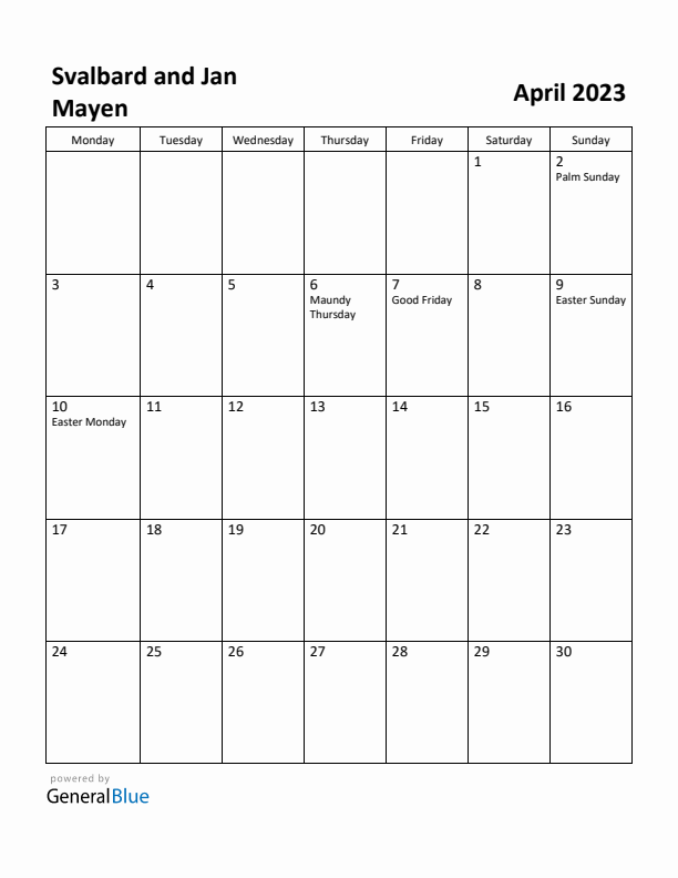 April 2023 Calendar with Svalbard and Jan Mayen Holidays