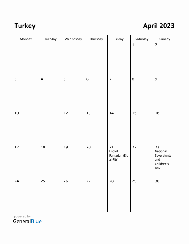 April 2023 Calendar with Turkey Holidays