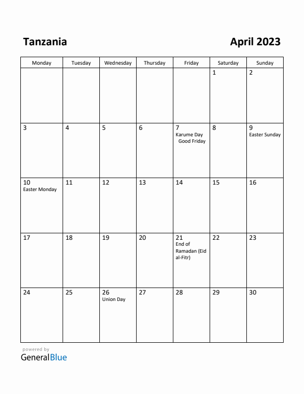 April 2023 Calendar with Tanzania Holidays