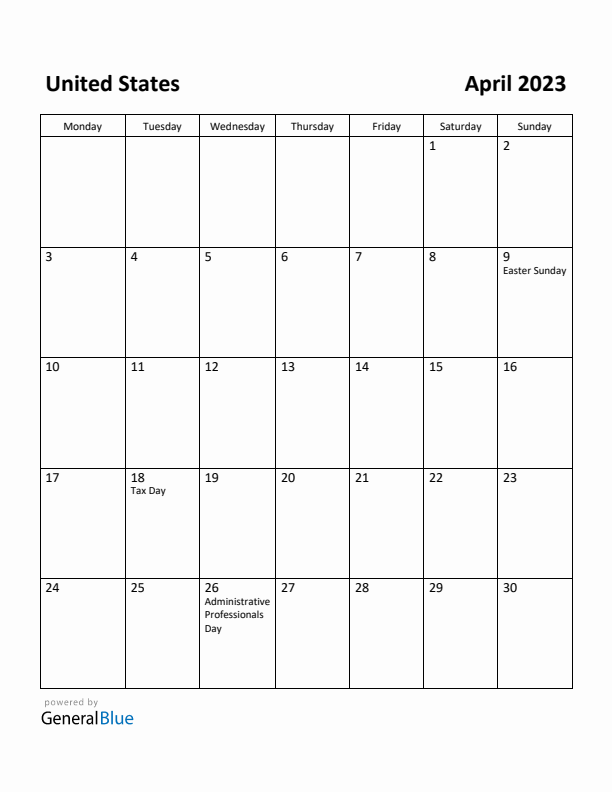 April 2023 Calendar with United States Holidays