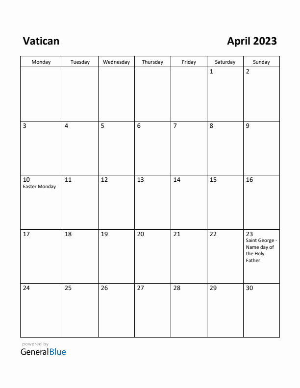 April 2023 Calendar with Vatican Holidays