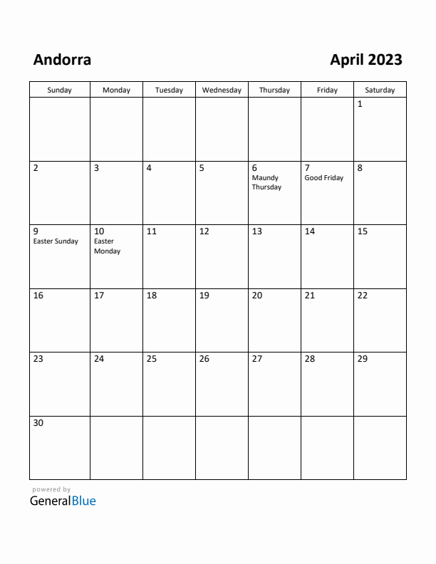 April 2023 Calendar with Andorra Holidays