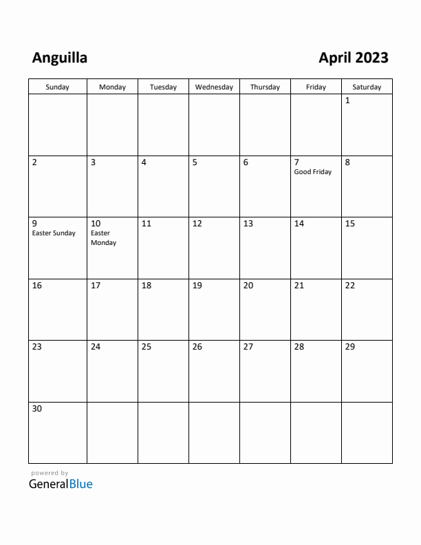 April 2023 Calendar with Anguilla Holidays