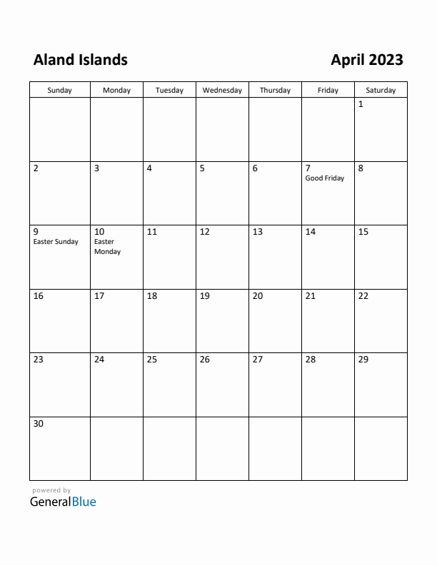 April 2023 Calendar with Aland Islands Holidays