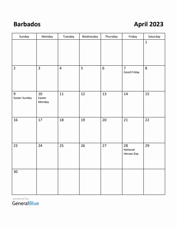 April 2023 Calendar with Barbados Holidays