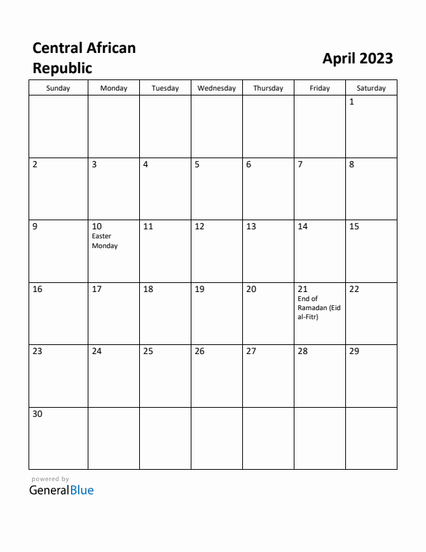 April 2023 Calendar with Central African Republic Holidays