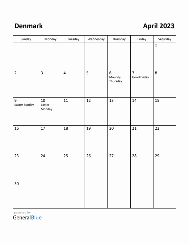 April 2023 Calendar with Denmark Holidays