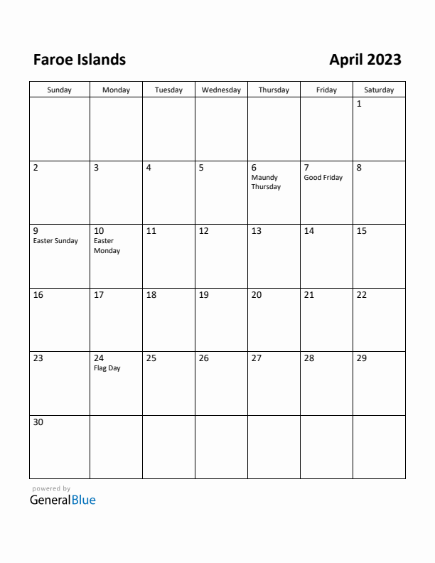 April 2023 Calendar with Faroe Islands Holidays