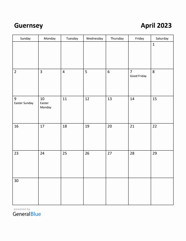 April 2023 Calendar with Guernsey Holidays