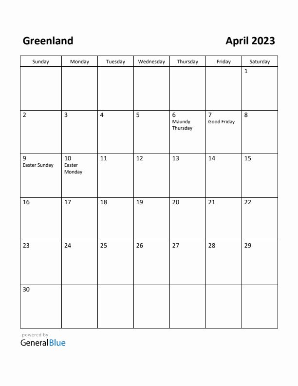 April 2023 Calendar with Greenland Holidays