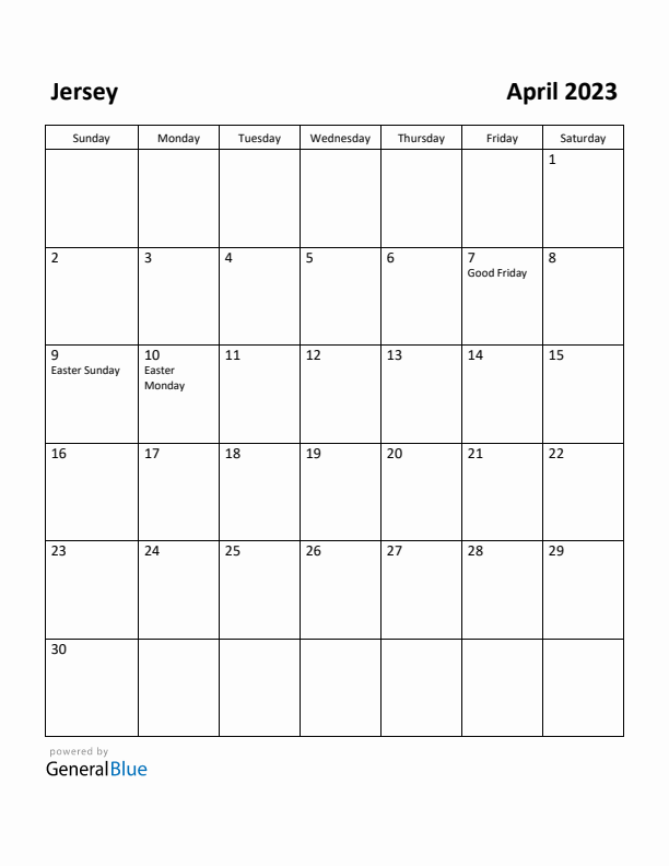 April 2023 Calendar with Jersey Holidays