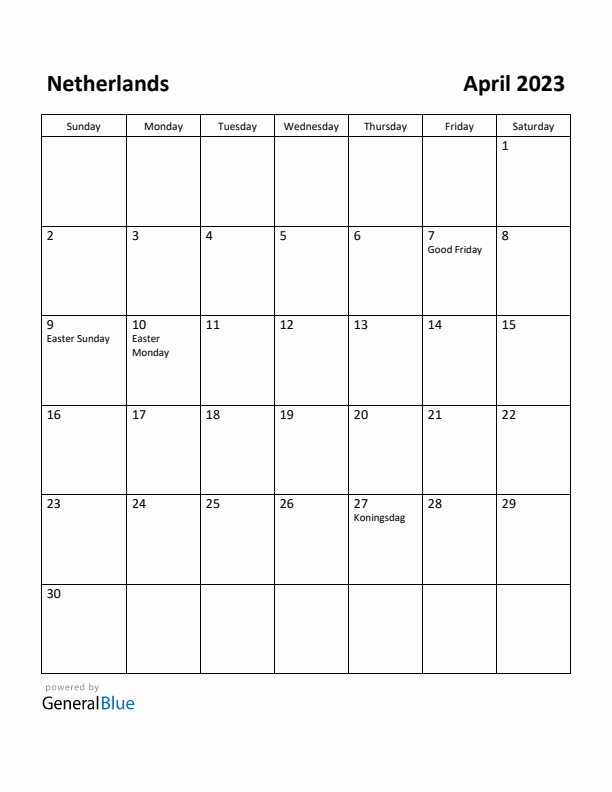 April 2023 Calendar with The Netherlands Holidays