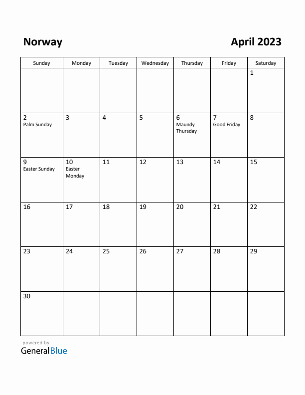 April 2023 Calendar with Norway Holidays