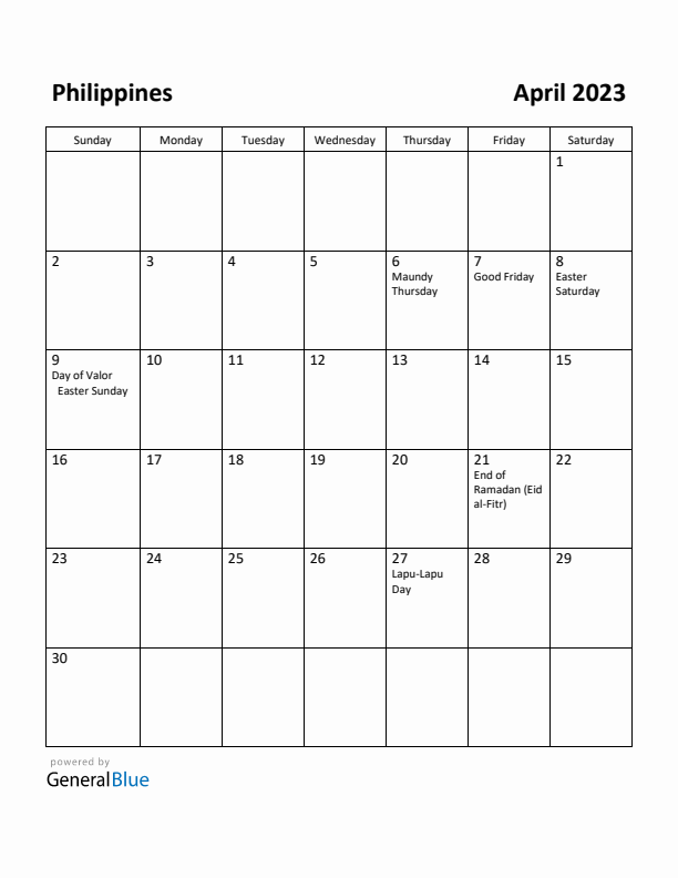 April 2023 Calendar with Philippines Holidays