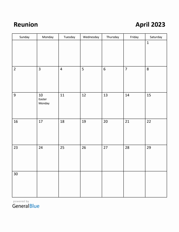 April 2023 Calendar with Reunion Holidays