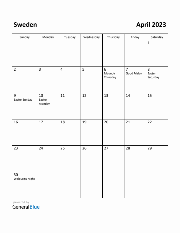 April 2023 Calendar with Sweden Holidays