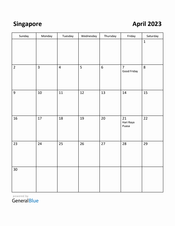 April 2023 Calendar with Singapore Holidays