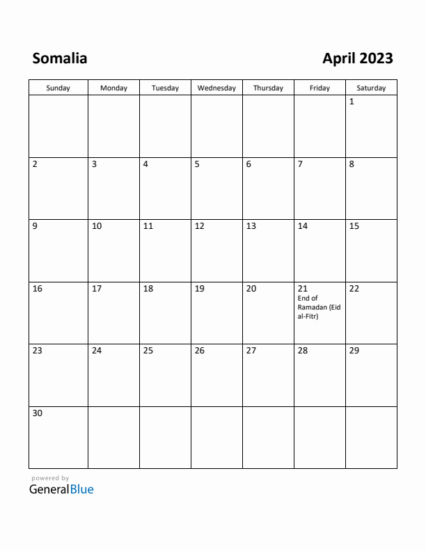 April 2023 Calendar with Somalia Holidays