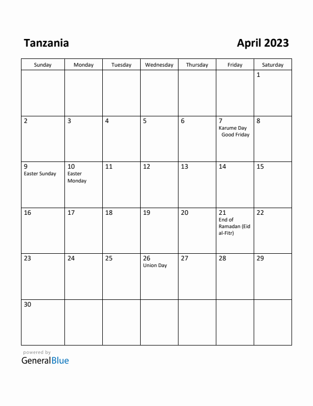 April 2023 Calendar with Tanzania Holidays