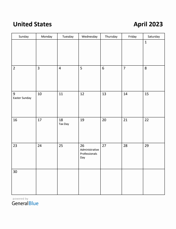 April 2023 Calendar with United States Holidays