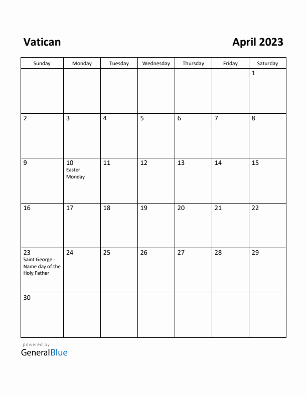 April 2023 Calendar with Vatican Holidays