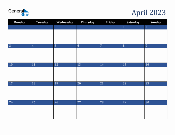 Monday Start Calendar for April 2023