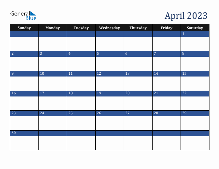 Sunday Start Calendar for April 2023