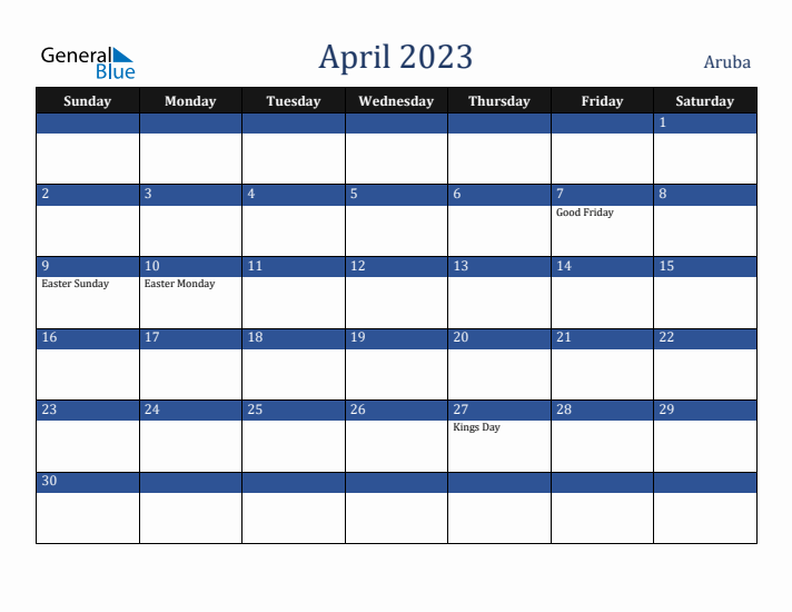 April 2023 Aruba Calendar (Sunday Start)