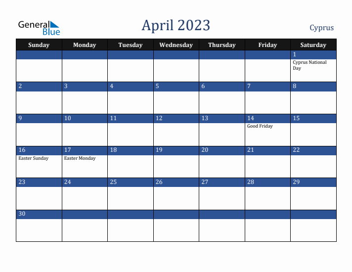 April 2023 Cyprus Calendar (Sunday Start)