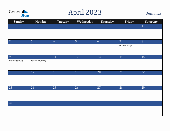 April 2023 Dominica Calendar (Sunday Start)