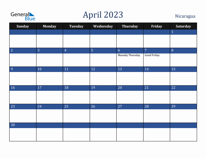 April 2023 Nicaragua Calendar (Sunday Start)