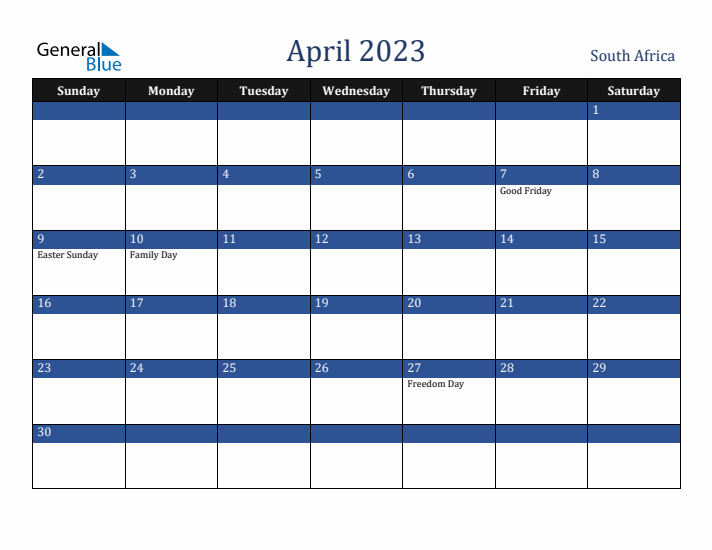 April 2023 South Africa Calendar (Sunday Start)