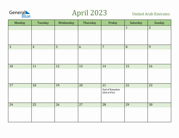 April 2023 Calendar with United Arab Emirates Holidays