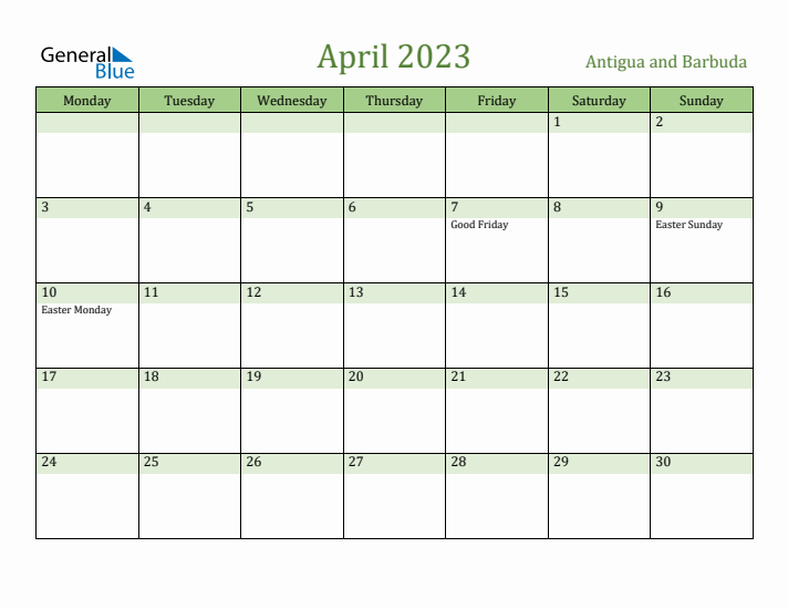 April 2023 Calendar with Antigua and Barbuda Holidays