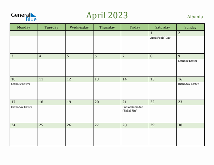 April 2023 Calendar with Albania Holidays