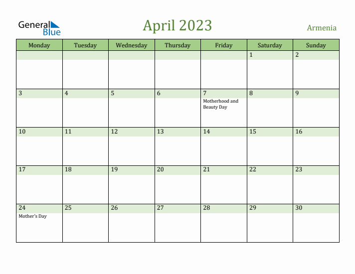 April 2023 Calendar with Armenia Holidays