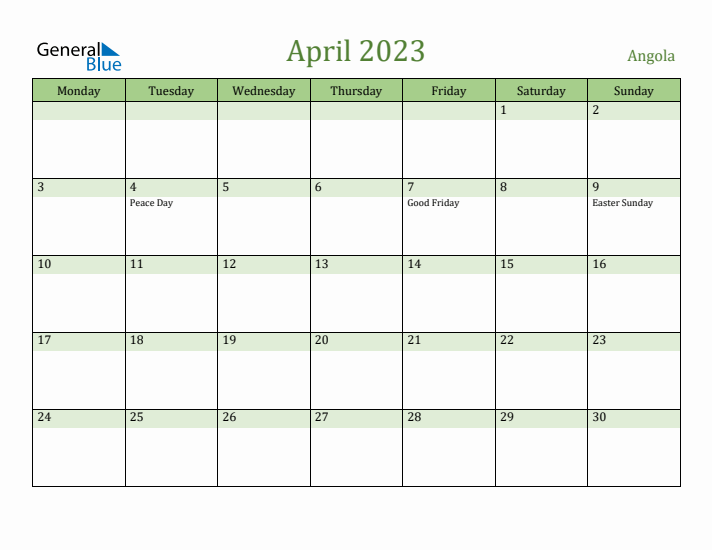 April 2023 Calendar with Angola Holidays