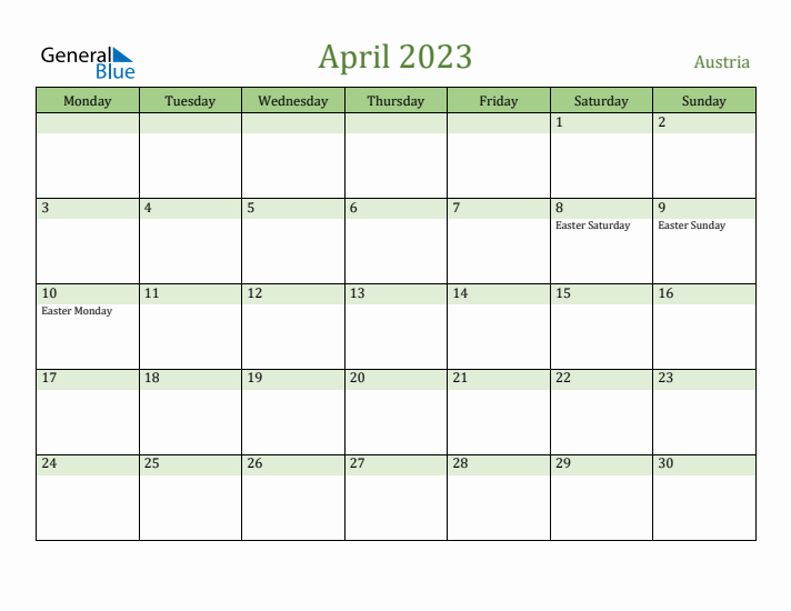 April 2023 Calendar with Austria Holidays